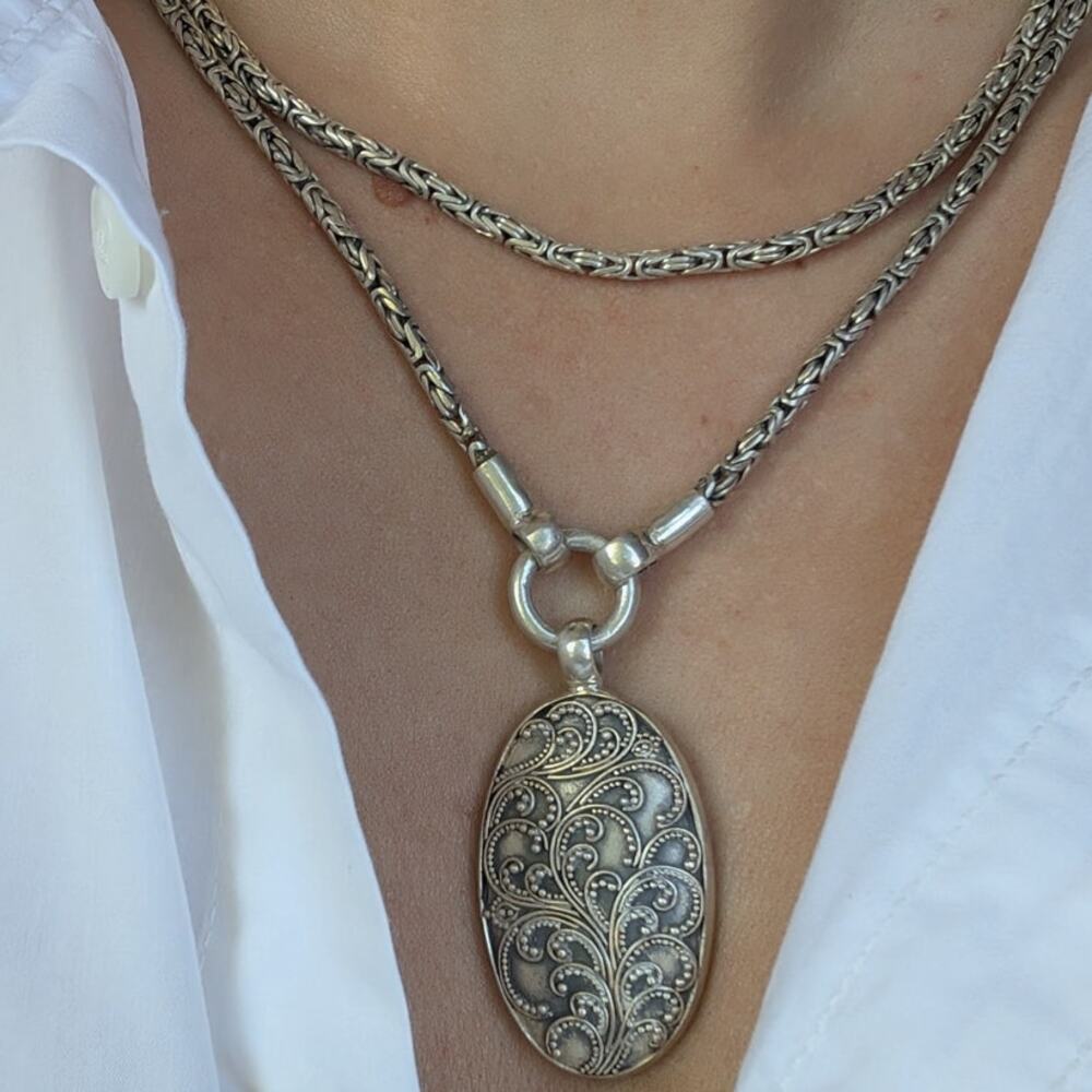 Sterling Silver Oval Filigree Pendant Necklace Vintage Style 17" Double Chain - Picture 6 of 6